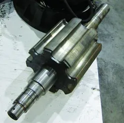 Figure 14. A 75 kW (100 hp), 5,000 rpm maximum, 8 pole SRM rotor. Figure 14. A 75 kW (100 hp), 5,000 rpm maximum, 8 pole SRM rotor.