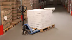 A pallet of goods on a pallet jack, enclosed in plastic stretch wrap. A pallet of goods on a pallet jack, enclosed in plastic stretch wrap.
