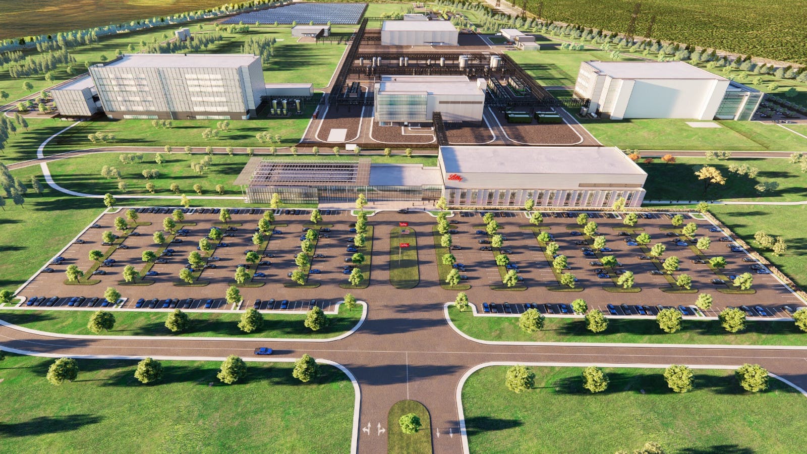 A 3D rendering of Eli Lilly's future Huntsville, Alabama pharmaceutical facility.