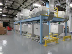 Mack Molding Statesville has a new resin-conveying-system mezzanine for loading up to 30 separate injection molding machines. Mack Molding Statesville has a new resin-conveying-system mezzanine for loading up to 30 separate injection molding machines.