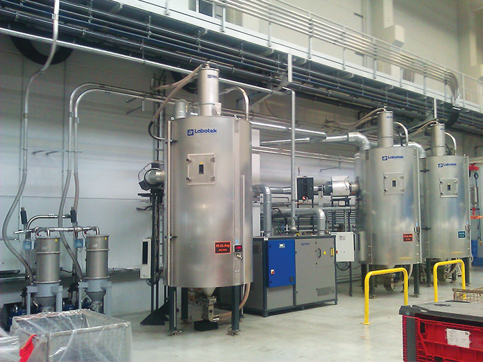 A drying system from Labotek includes an external heat recovery (EHR) unit, drying hopper, desiccant flexible dryer, vacuum receivers and a vacuum station and filter.