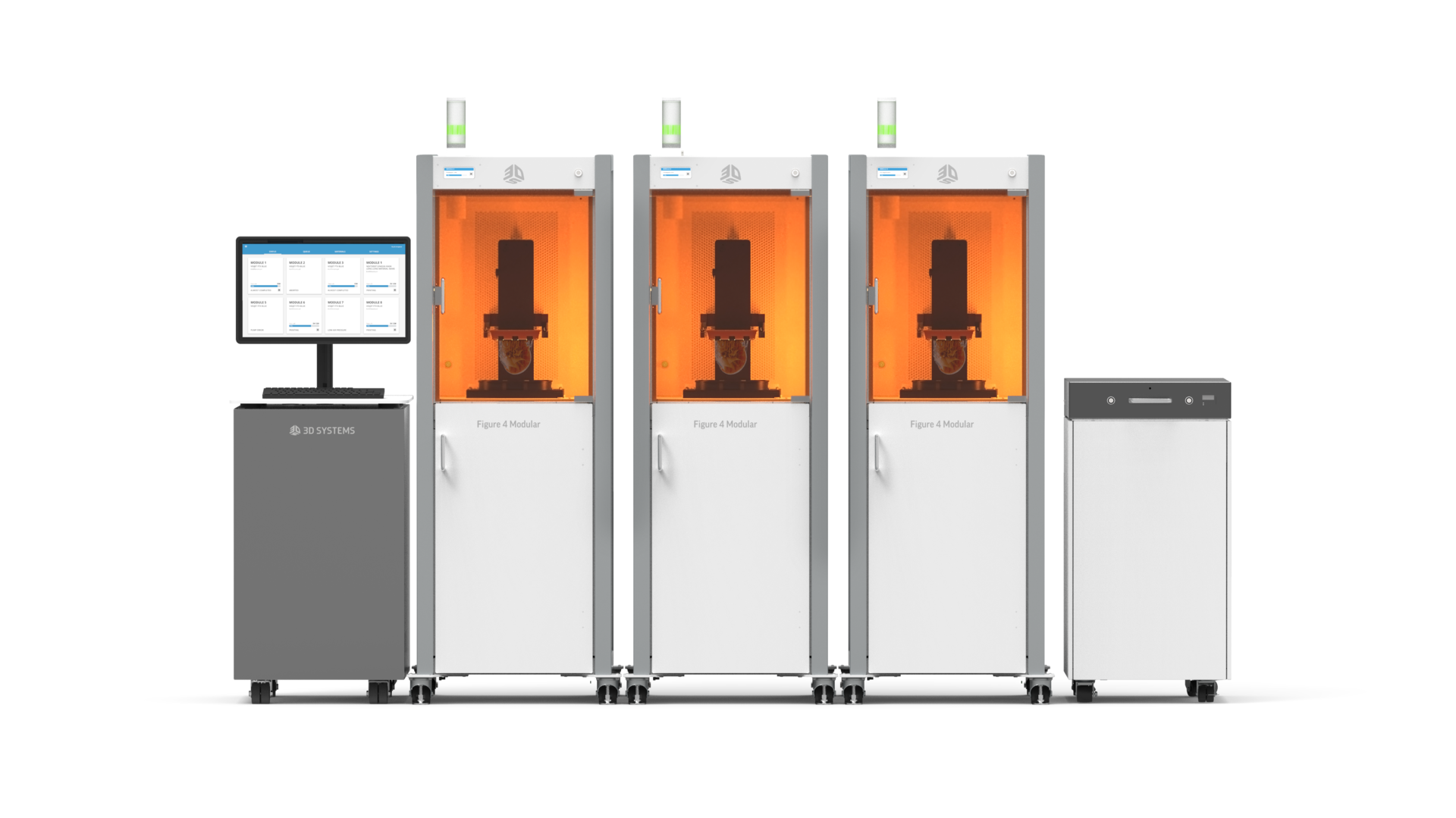 Figure 4 printers from 3D Systems can be connected and run by a single computer.