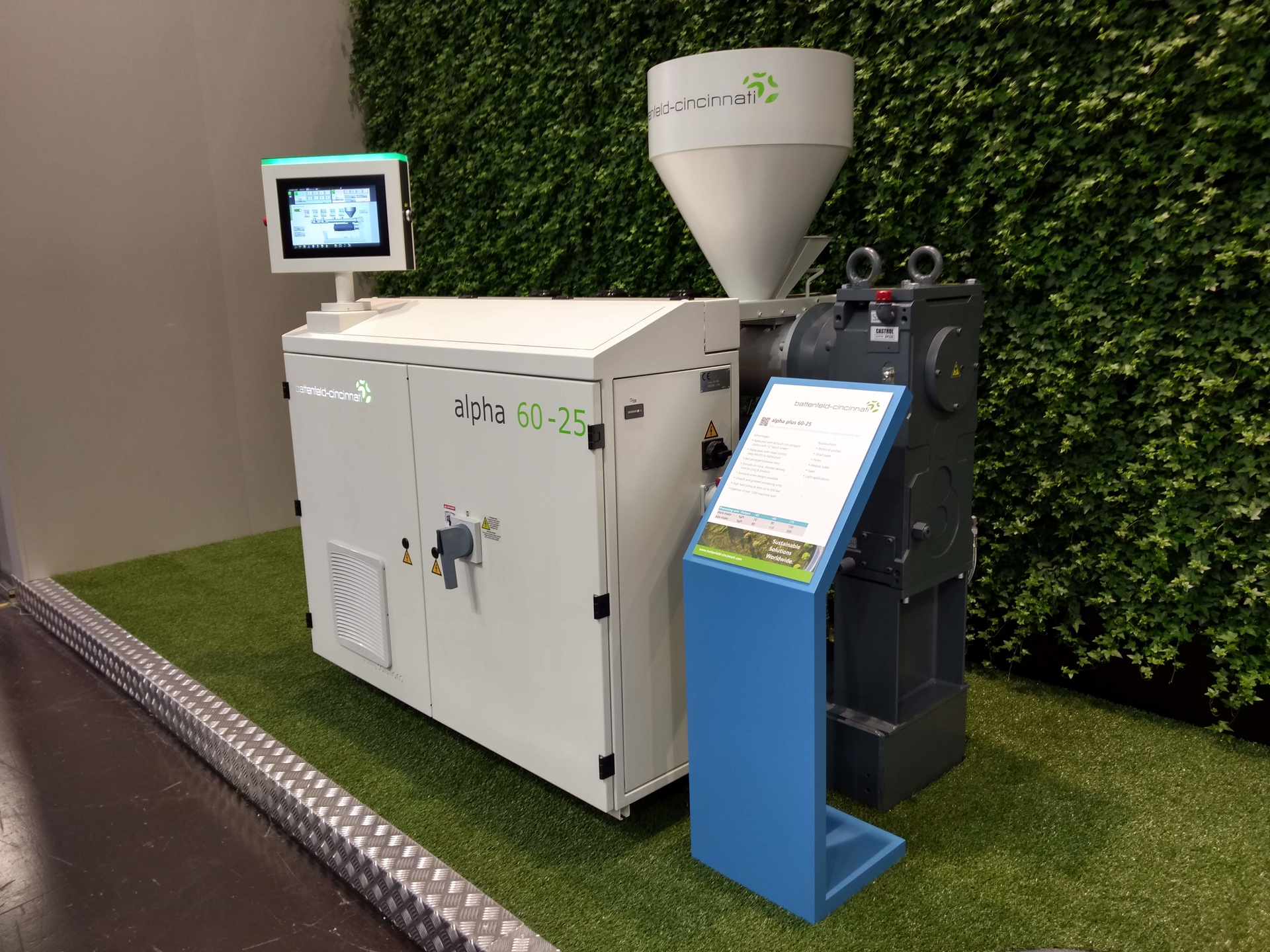 The Alpha Plus 60-25, shown at the K show, is part of a portfolio of smaller-sized extruders outfitted with the new BCtouch UX compact controller.