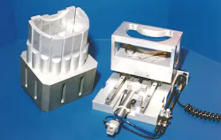 A 20-kilohertz composite horn from Rinco Ultrasonics, equipped with a pneumatic slide fixture, ultrasonically welded a lens to a housing. A 20-kilohertz composite horn from Rinco Ultrasonics, equipped with a pneumatic slide fixture, ultrasonically welded a lens to a housing.