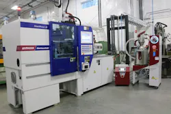 This integrated work cell has a beside-the-press Aton segmented dryer from Wittmann Battenfeld. This integrated work cell has a beside-the-press Aton segmented dryer from Wittmann Battenfeld.
