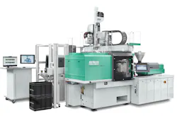Arburg recently showcased its Allrounder 370 A injection molding machine, with about 67 tons of clamping force, in a demonstration cell making drinking cups. Arburg recently showcased its Allrounder 370 A injection molding machine, with about 67 tons of clamping force, in a demonstration cell making drinking cups.