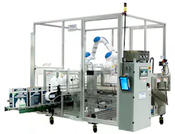 Proco Machinery now offers its Pakman bottle packaging system with a cobot arm. Proco Machinery now offers its Pakman bottle packaging system with a cobot arm.