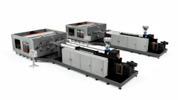 Wilmington’s newest Pallateer-series machine, the dual-mold Lumina PM-3C, can hold twin molds and produce pallets weighing as much as 40 pounds each and as big as 4 feet by 4.3 feet. Wilmington’s newest Pallateer-series machine, the dual-mold Lumina PM-3C, can hold twin molds and produce pallets weighing as much as 40 pounds each and as big as 4 feet by 4.3 feet.