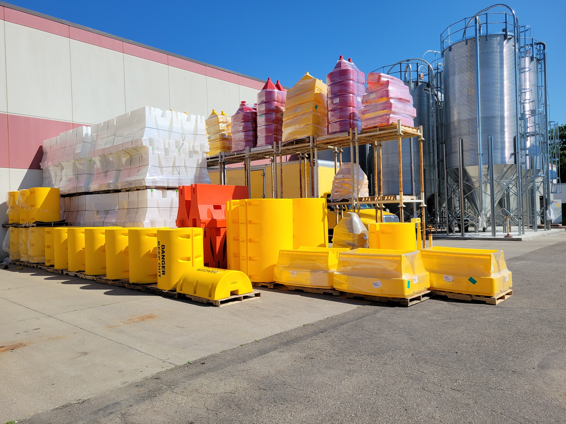Finished rotomolded products are stored next to resin silos at Myers-Trilogy Plastics in Alliance, Ohio.