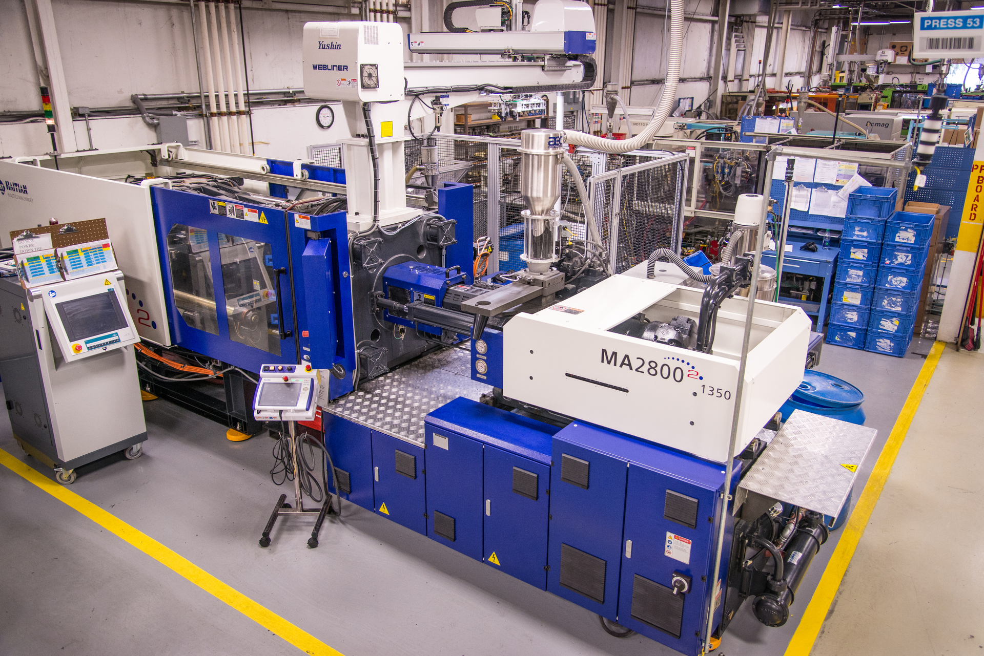 Viking Plastics uses a broad range of robot brands including Ranger, Yushin, Wittmann, Epson and Universal Robots. Here a Yushin robot tends a Haitian press.