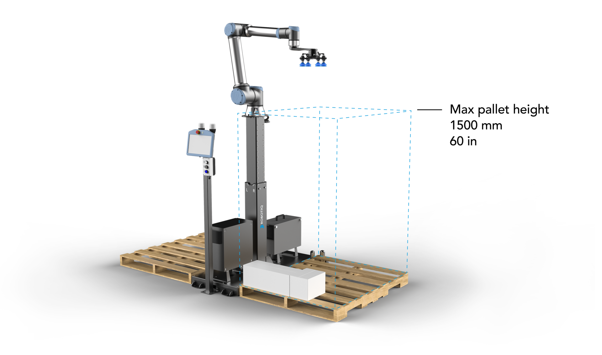 Robotiq's PE Series palletizer can stack boxes up to 5 feet high.