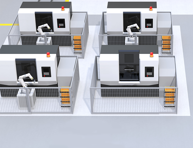 VT6L-DC robots can be mounted to a mobile platform and tend a machine tool for loading and unloading parts. They can easily move from one machine to another as demand requires.