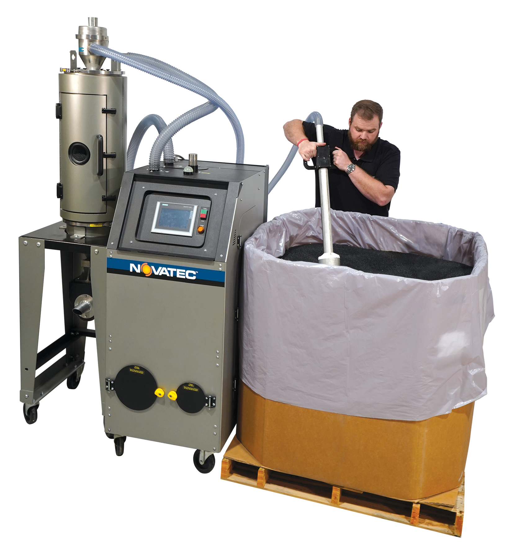 Novatec's Drying Genie material pickup lance collects information in-line to automatically adjust parameters like blower speeds, temperature and drying times.