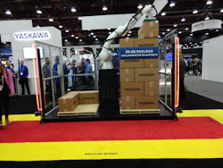 Yaskawa showed a palletizing cobot at Automate 2023. Yaskawa showed a palletizing cobot at Automate 2023.