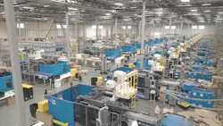 The plant floor at U.S. Merchants in California is filled with LS Mtron injection molding machines. The plant floor at U.S. Merchants in California is filled with LS Mtron injection molding machines.