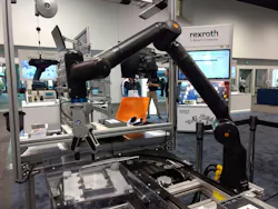 A Kassow Robots KR1205 cobot simulates pick-and-place operations on a moving conveyor line at Plastec West 2024 in February in Anaheim. It had a 3.9-foot reach and 11-pound payload, with a footprint of only 5.12 inches by 5.12 inches. A Kassow Robots KR1205 cobot simulates pick-and-place operations on a moving conveyor line at Plastec West 2024 in February in Anaheim. It had a 3.9-foot reach and 11-pound payload, with a footprint of only 5.12 inches by 5.12 inches.