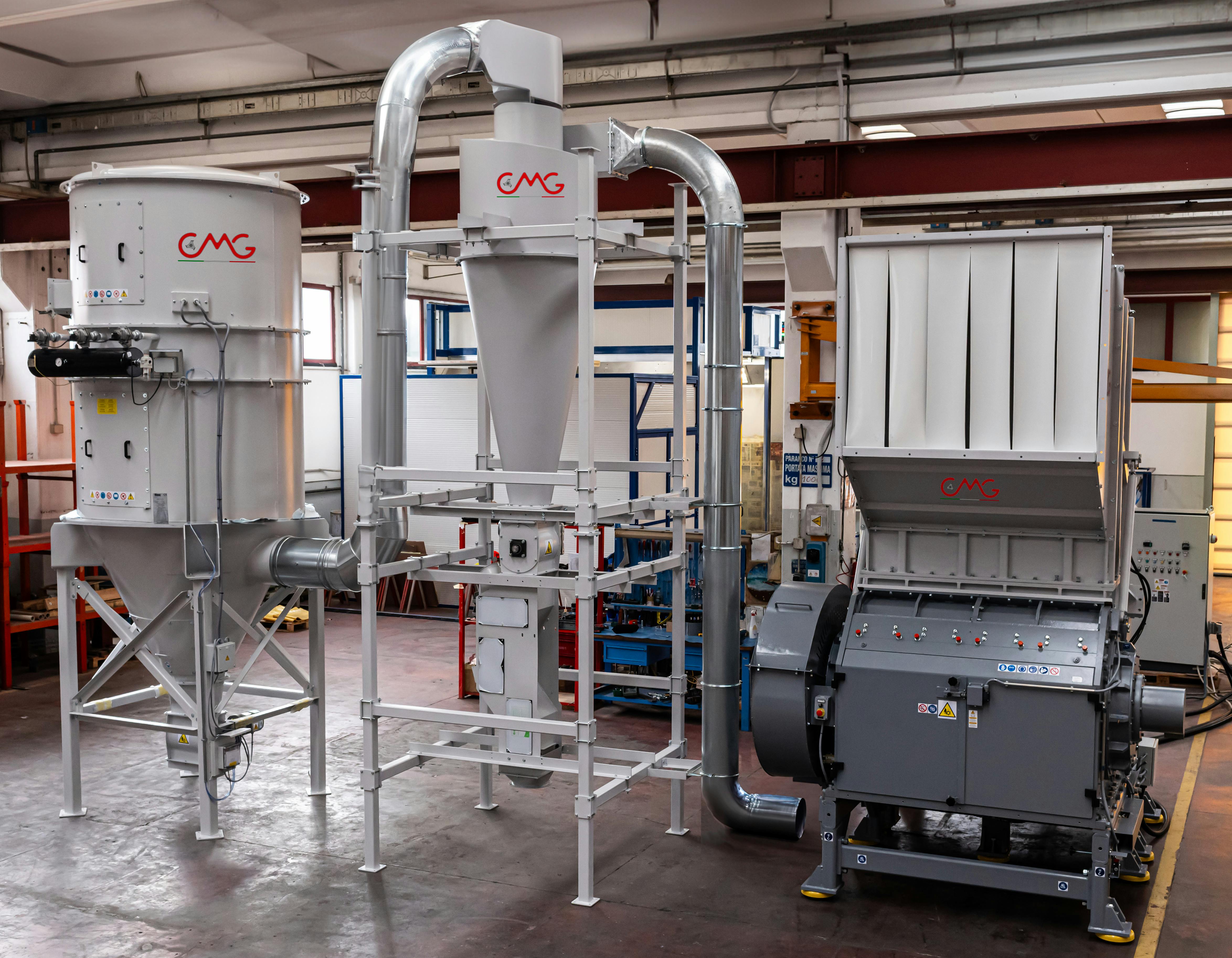 CMG's Regrind Evac system evacuates and dedusts material from the company's granulators and conveys it to a cyclone receiver.