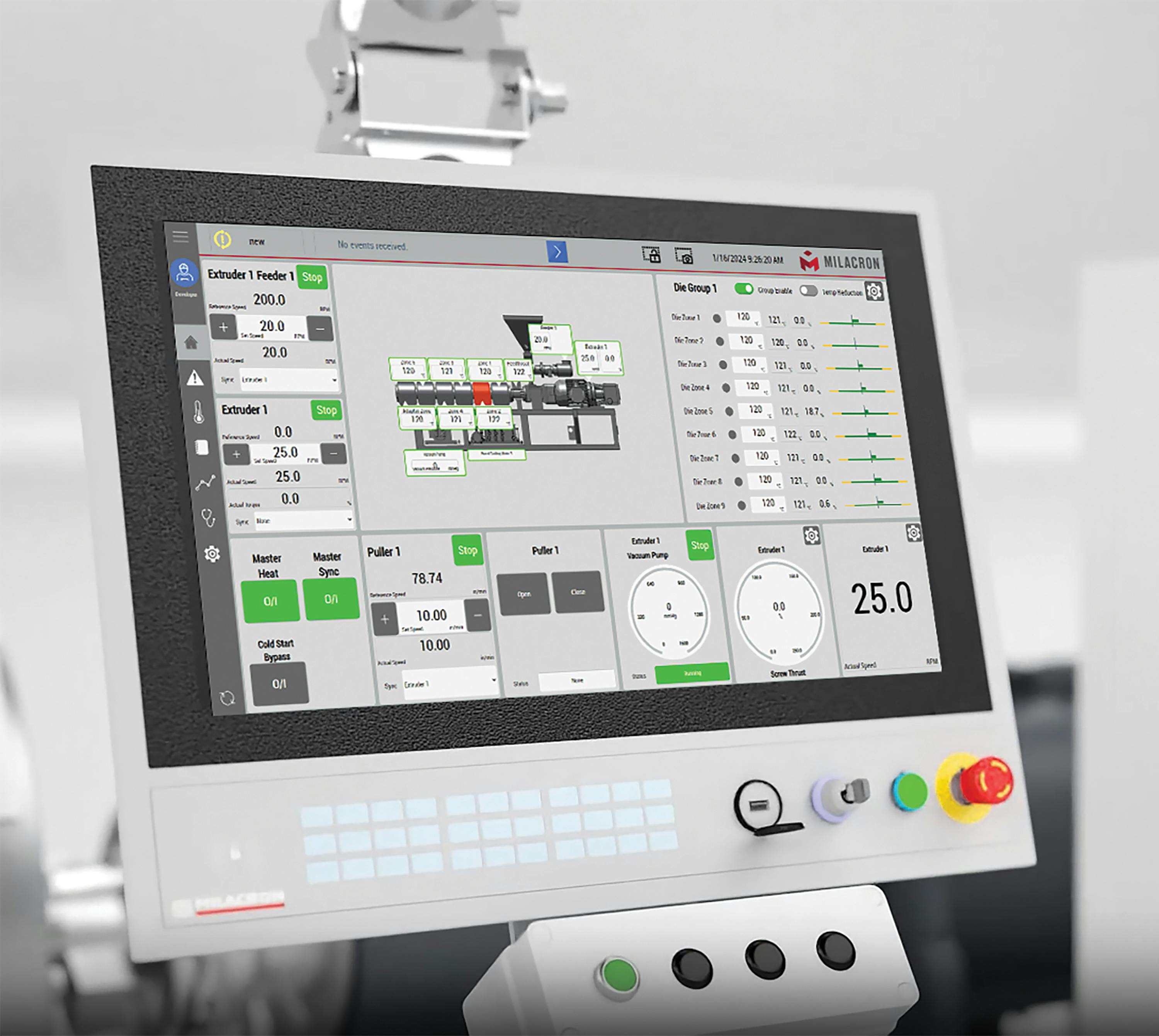 Milacron's new tablet pendant control can integrate an entire extrusion line.