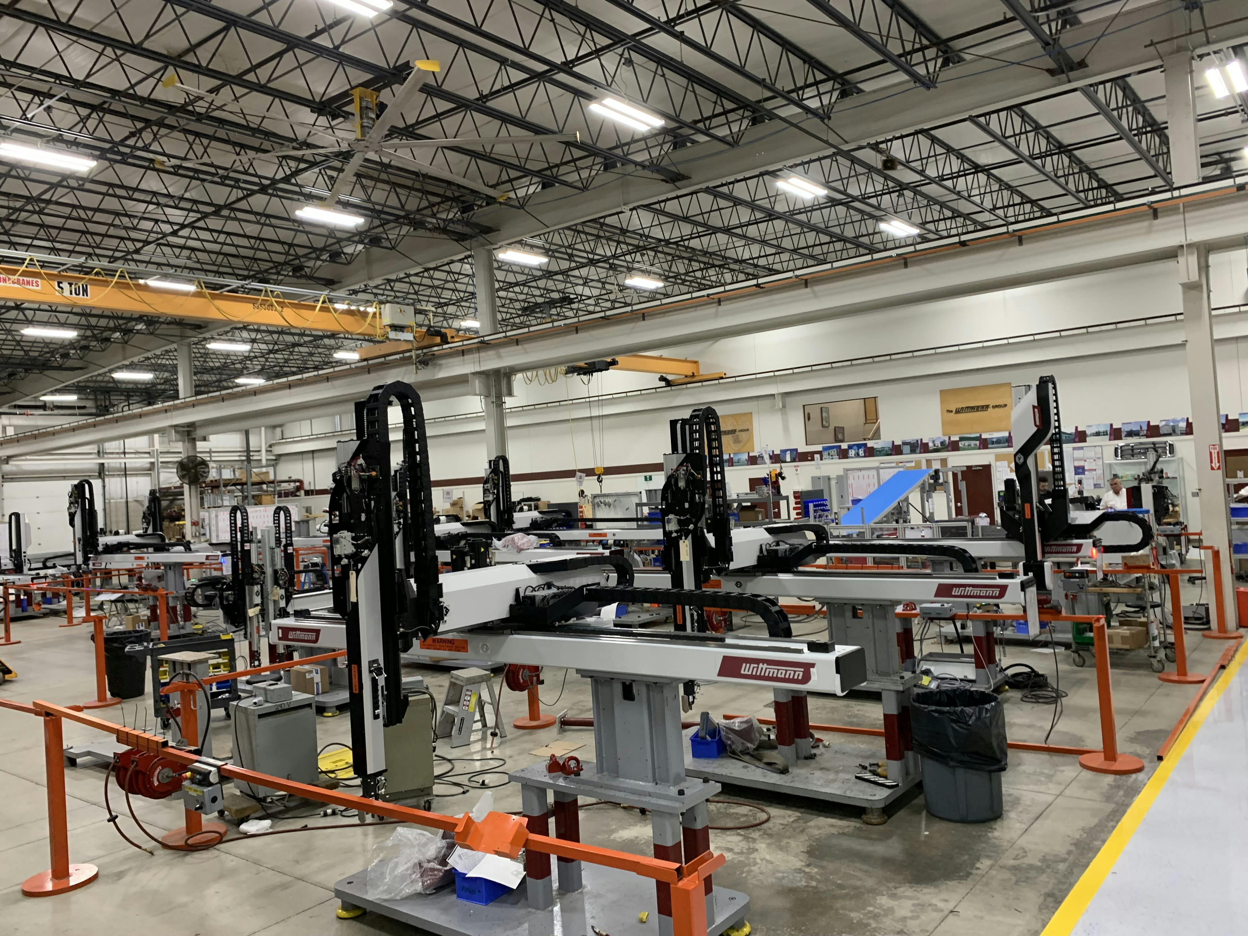 All robots assembled in Torrington, Conn., are run for 36 hours as a final quality control check before being shipped to a customer.