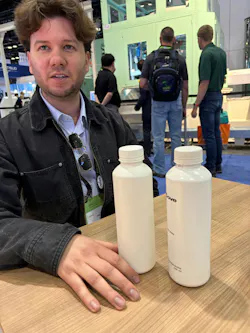 Pietro Spiga, North America sales and marketing manager for Magic, displays bottles made from PHA, a demanding bioresin. Pietro Spiga, North America sales and marketing manager for Magic, displays bottles made from PHA, a demanding bioresin.