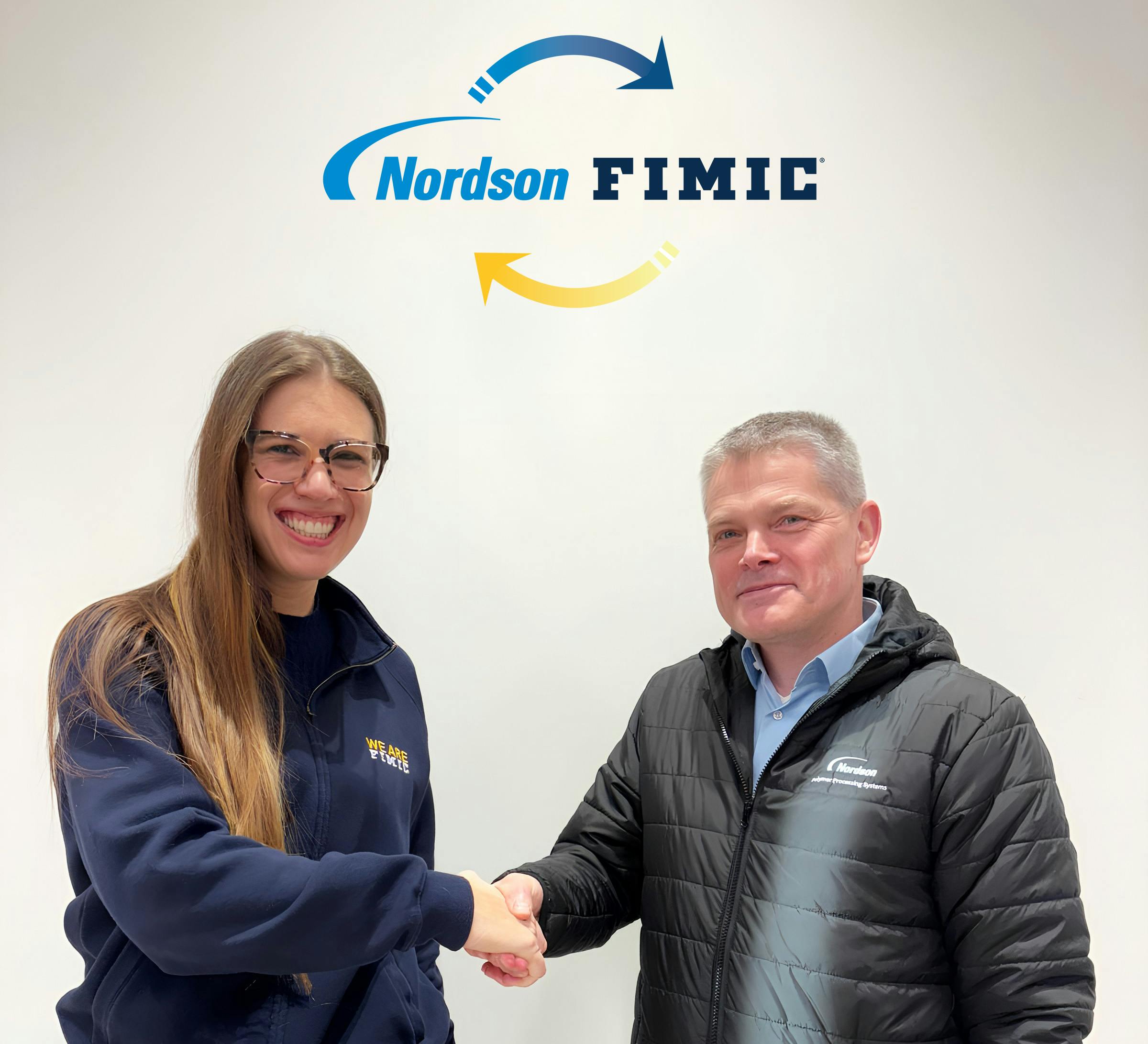 Erica Canaia, left, is CEO of Fimic Srl; Sven Conrad is Nordson BKG global segment development director.