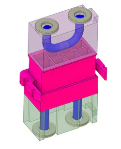 American Tool & Mold has begun using a Mantle 3D printer, which has the mold making shop to produce tooling with intricate conformal cooling channels, like these shown in blue, that would be difficult to machine with more-traditional methods. American Tool & Mold has begun using a Mantle 3D printer, which has the mold making shop to produce tooling with intricate conformal cooling channels, like these shown in blue, that would be difficult to machine with more-traditional methods.
