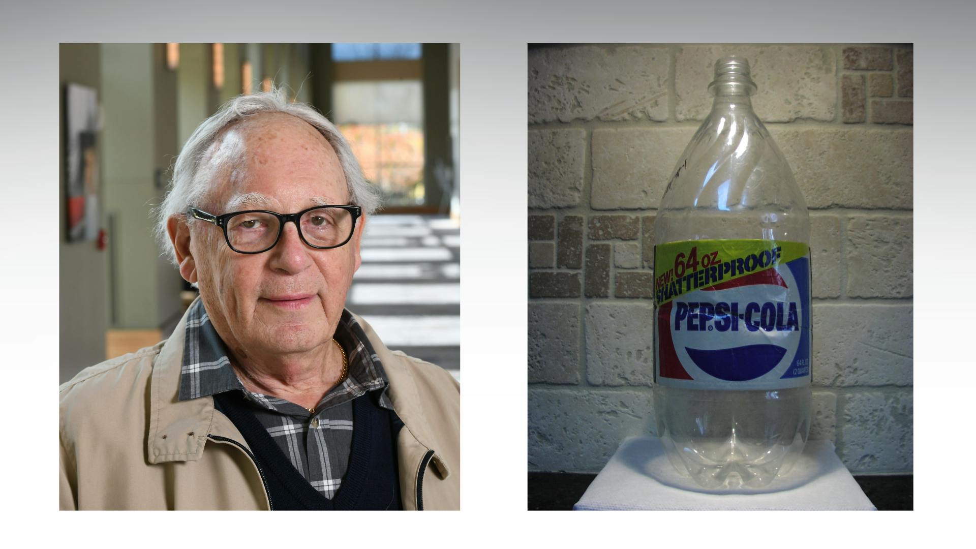 Dan Weissmann at left in brown jacket, vintage Pepsi plastic bottle at right.