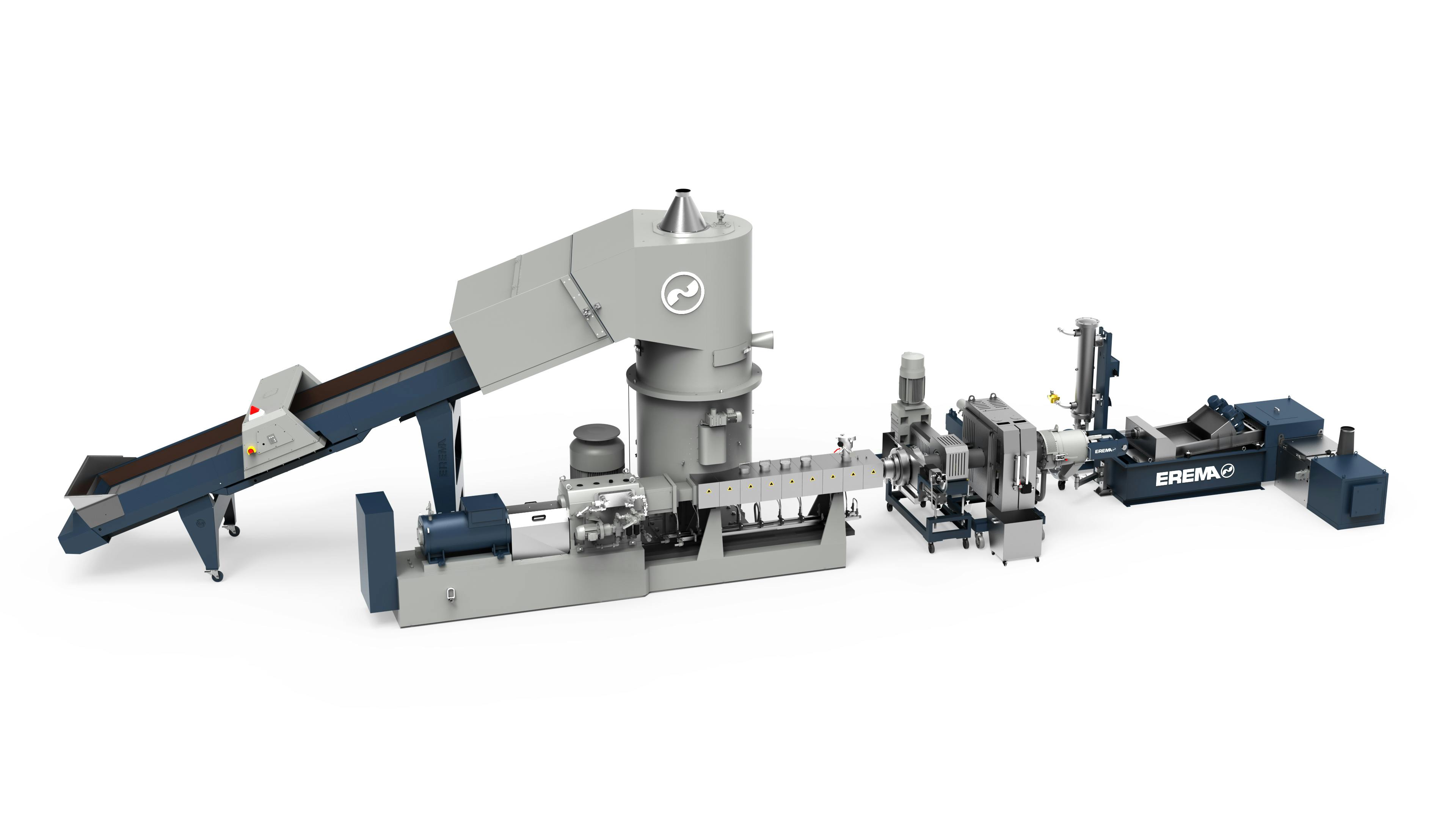 The Erema TwinPro system for recycling film and thin-wall packaging combines a preconditioning unit with a twin-screw extruder.