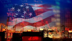A U.S. flag and a shipping port with tariff numbers. A U.S. flag and a shipping port with tariff numbers.