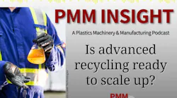 Image of worker with recycled plastic oil and pellets, with logo for PMM Insight podcast Image of worker with recycled plastic oil and pellets, with logo for PMM Insight podcast