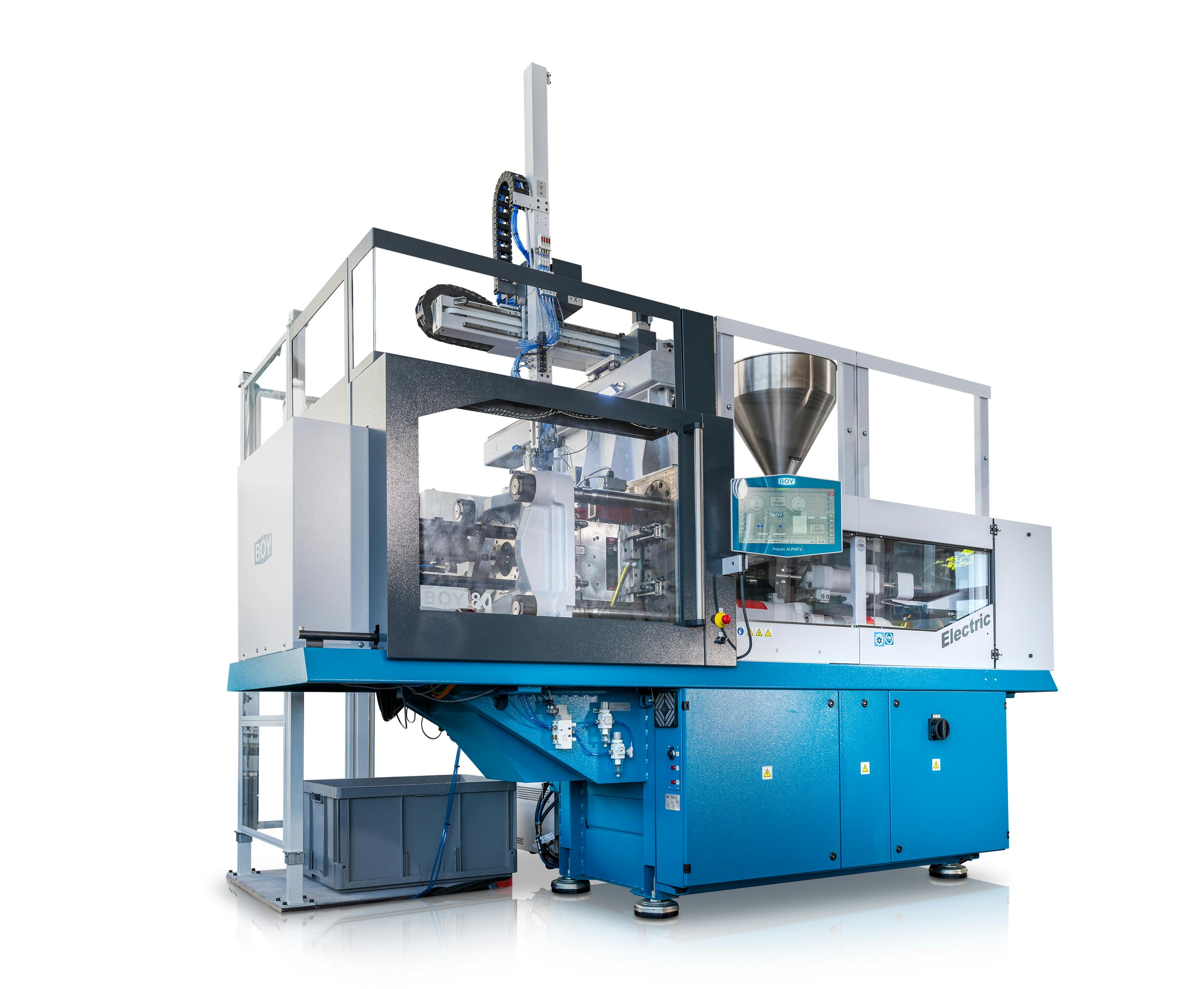A Boy 80 Electric injection molding machine with an integrated robot.