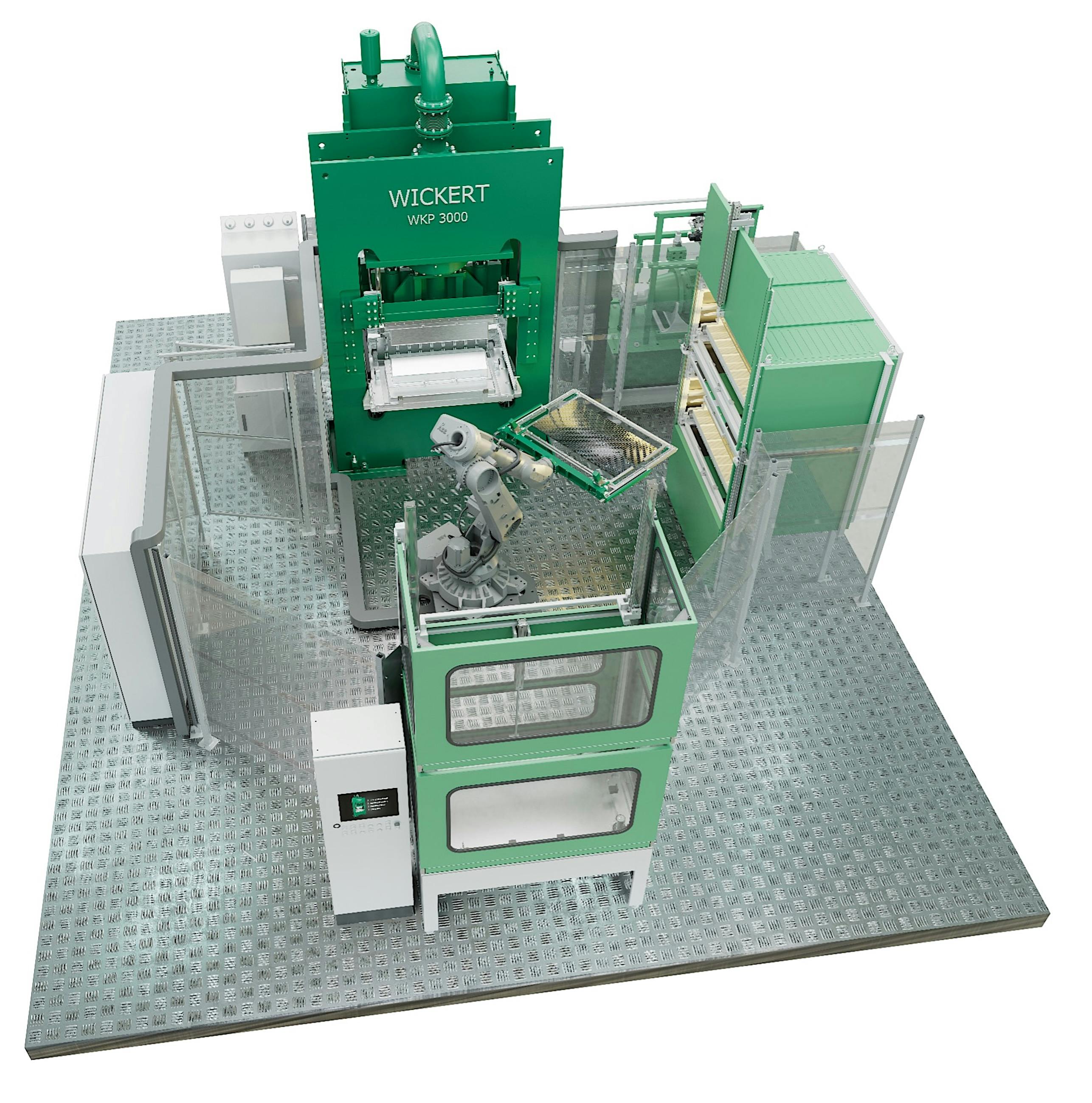 This thermoforming press from Wickert utilizes an industrial robot for loading and unloading, which improves efficiency and worker safety.