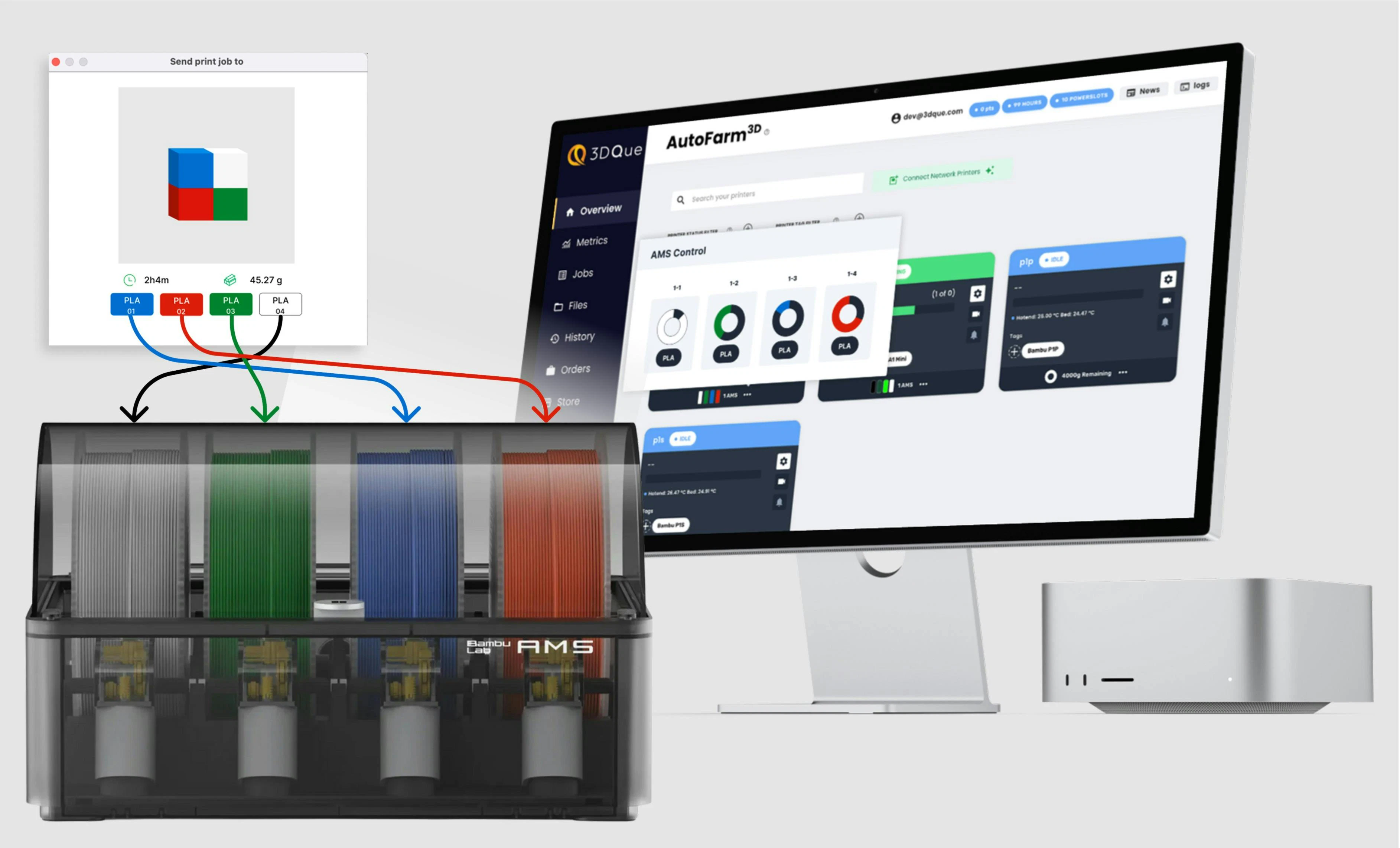AMS Mapping allows users of 3DQue's Bambu printers and AutoFarm3D software to smooth workflows for multicolored parts.