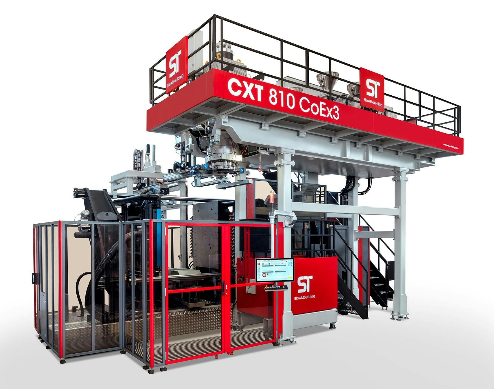 ST Blowmoulding's CXT 810 HT CoEx 3 continuous extrusion blow molding machine produces ultra-clean L-ring drums.