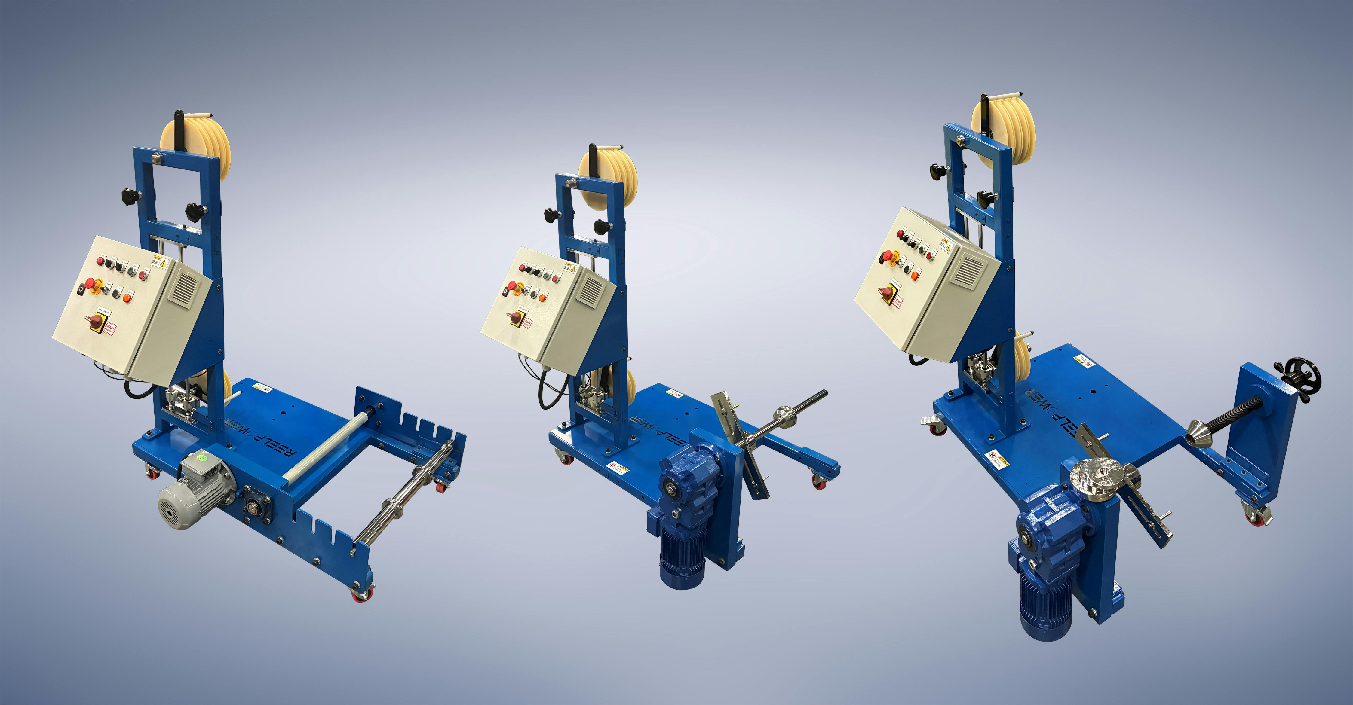 From left, the Rim Drive, Shafted and Shaftless Light Duty Payout systems from Reel Power.