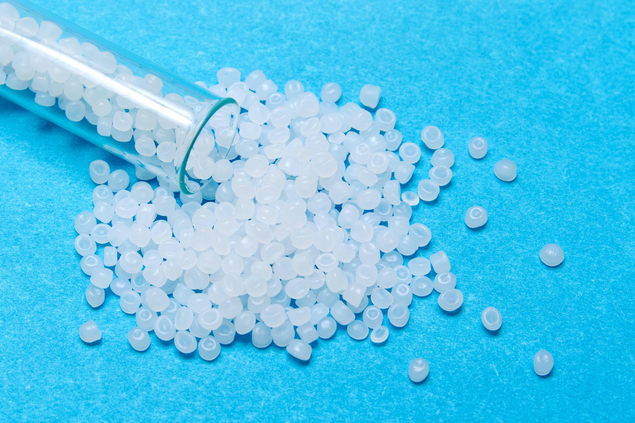 Pellets of clear polyethylene resin.