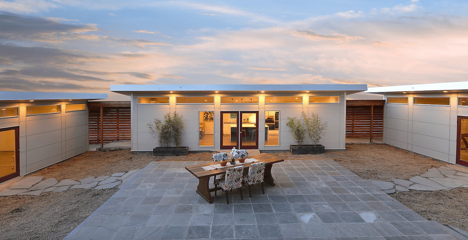 Three 544-square-foot Studio Shed Summit Series models in Northern California. The center unit features a kitchen and great room and is flanked by bedroom suites.