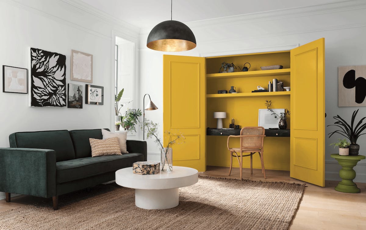 Living room showing Sherwin-Williams' Kingdom Gold Loneliest Color