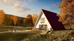 Avrame A-Frame Housing Kits Red Roof sunset angled shot Avrame A-Frame Housing Kits Red Roof sunset angled shot