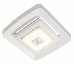 the Broan-NuTone Sensonic fan cover provides a speaker and light as a bath-fan upgrade the Broan-NuTone Sensonic fan cover provides a speaker and light as a bath-fan upgrade