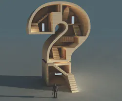 Businessman planning for business succession looks into a question mark filled with stairs to an unknown destination Businessman planning for business succession looks into a question mark filled with stairs to an unknown destination