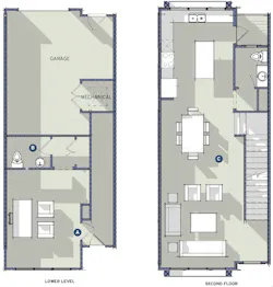 TK Design & Associates' Clair design lower-level plan and second-floor plan TK Design & Associates' Clair design lower-level plan and second-floor plan