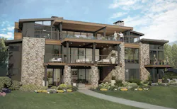 Elevation of DTJ Design's Mountain Triplex showing outdoor living spaces and decks Elevation of DTJ Design's Mountain Triplex showing outdoor living spaces and decks