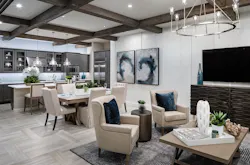 Modern farmhouse with blue hues in kitchen and living spaces Modern farmhouse with blue hues in kitchen and living spaces