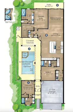 Floor plan for the Courtyard Open Concept small-lot home design by The Evans Group Floor plan for the Courtyard Open Concept small-lot home design by The Evans Group