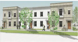 Front elevation of Larry Garnett's design for the Pinnacle Hills Townhomes Front elevation of Larry Garnett's design for the Pinnacle Hills Townhomes