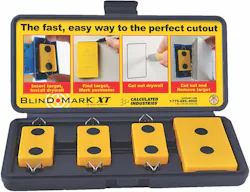 The powerful rare magnets in The Blind Mark Magnetic Drywall Cutout Tool from Calculated Industries help to accurately locate and cut electrical outlet access holes in drywall The powerful rare magnets in The Blind Mark Magnetic Drywall Cutout Tool from Calculated Industries help to accurately locate and cut electrical outlet access holes in drywall