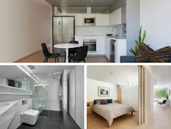 collage of kitchen, bedroom, and bathroom of Cassette modular apartment unit collage of kitchen, bedroom, and bathroom of Cassette modular apartment unit