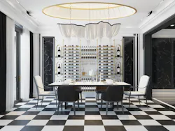 Dining room with brass wine storage rack in background Dining room with brass wine storage rack in background