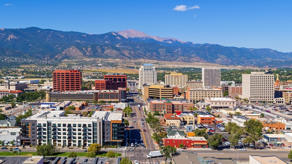 Downtown Colorado Springs, Colo. with Pikes Peak in the background